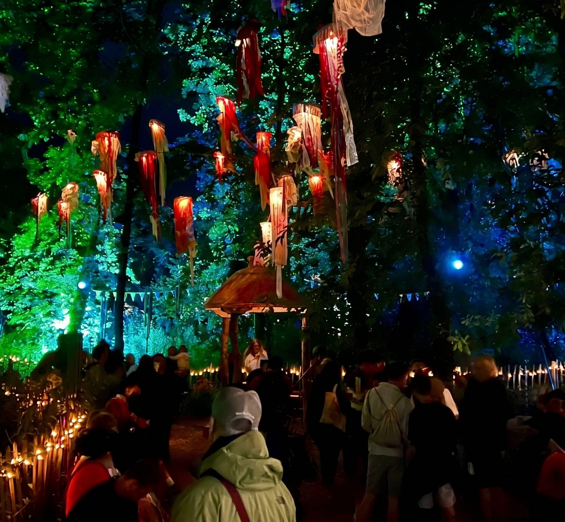 Un bosque de noche en un festival, con faroles encendidos colgando de los árboles sobre la gente que entra